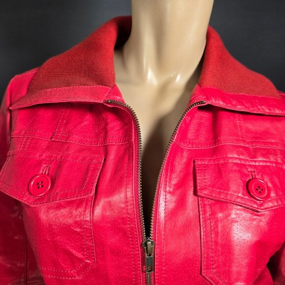Y2K Red Leather Bomber Moto Jacket Size S Short Cropped Zip Up 2000s - Picture 2 of 12